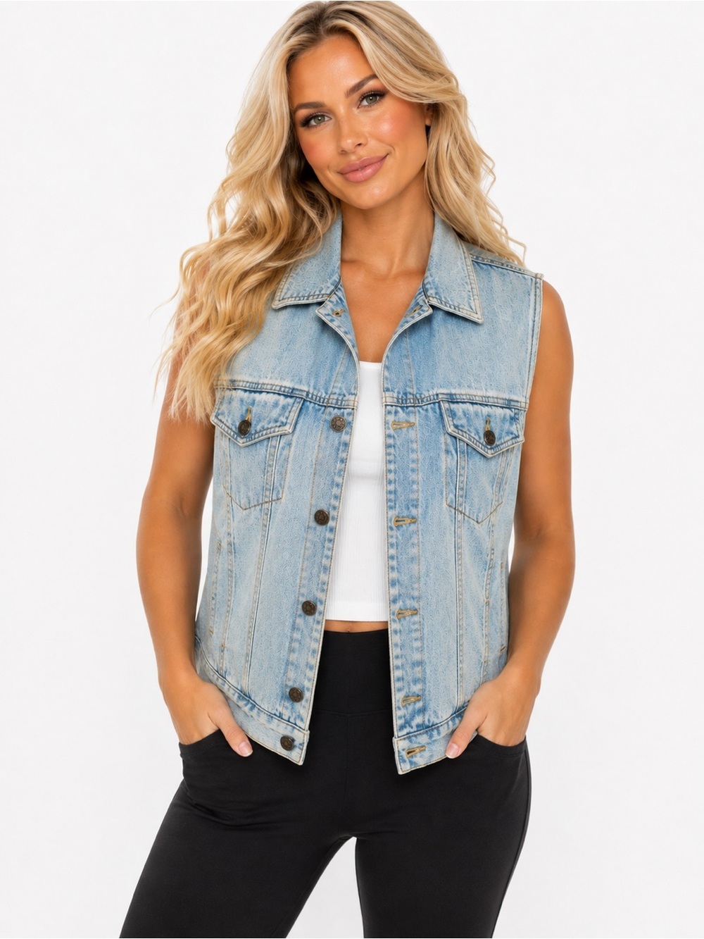 Liz Wear Women’s Medium Light Wash Denim Vest Button Front Sleeveless Vintage